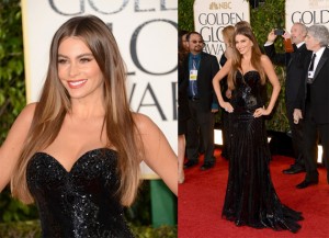 La colombiana Sofia Vergara, aunque nuevamente se quedó sin Golden Globe, como siempre fue una de las favoritas del público, desfilando deslumbrante por la alfombra roja con un vestido negro del diseñador filipino Michael Cinco