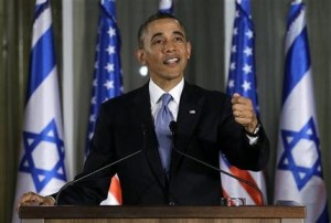 El presidente estadounidense Barack Obama habla durante una conferencia de prensa conjunta con el primer ministro israelí Benjamin Netanyahu, el miércoles 20 de marzo de 2013, en la residencia del primer ministro en Jerusalén. (Foto AP/Carolyn Kaster)
