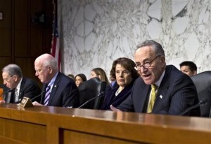El miembro del Comité Judicial del Senado, senadorCharles Schumer, democrata de Nueva York, derecha, cuestiona a un panel de testigos durante una audiencia sobre la reforma migratoria en Estados Unidos después de que una comisión bipartidista de senadores acordó la semana pasada una legislación que transformaría drásticamente el sistema migratorio de Estados Unidos, el lunes 22 de abril del 2013, en el Capitolio en Washington. (AP Foto/J. Scott Applewhite)