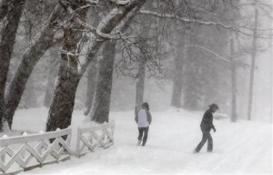 Una pareja camina en medio de la nevada por Swan Avenue en Webster Groves, Missuori, el domingo 5 de enero de 2014. (Foto AP/St. Louis Post-Dispatch, J.B. Forbes)