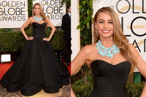 La atractiva y talentosa colombiana Sofia Vergara, que como ya es habitual deslumbró con su elegancia y acertada elección, para la 71 entrega de los Golden Globe eligió un vestido negro del neoyorquino Zac Posen.