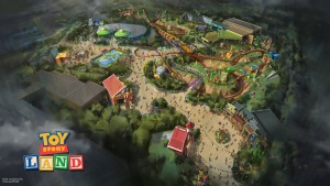 The reimagining of Disney's Hollywood Studios will take guests to infinity and beyond, allowing them to step into the worlds of their favorite films, starting with Toy Story Land. This new 11-acre land will transport guests into Andy's backyard. Guests will think they've been shrunk to the size of Woody and Buzz as they are surrounded by oversized toys that Andy has assembled. Using toys like building blocks, plastic buckets, and game board pieces, Andy has designed the perfect setting for this land, which will include two new attractions for any Disney park and one expanded favorite. (Disney Parks) (PRNewsFoto/The Walt Disney Company)