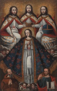 De autor desconocido y originaria de Peru; "La Coronation de La Virgen por la Trinidad"; lSiglo XVIII; Oleo sobre lienzo; 60 1/2 x 37 3/4 pulgadas. (153.7 x 95.9 cm); Regalo de Gerry S. Culpepper