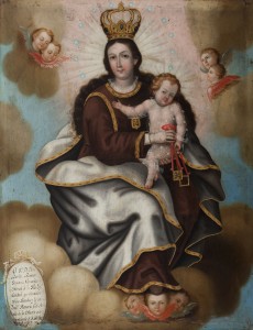 De autor desconocido, País de origen: Ecuador; Virgen con Niño Jesús y Escapulario". Siglo XVIII; Oleo sobre lienzo; 25 1/2 x 33 pulgadas. (64.8 x 83.8 cm); Obsequio de Gerry S. Culpepper