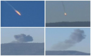 Combinación de fotogramas que muestran la caída de un avión militar en llamas, en un área al norte de Siria, luego de que fuera derribado por fuerzas aéreas turcas, cerca del borde entre Turquía y Siria, 24 de noviembre de 2015. Aviones F16 turcos derribaron el martes un avión de combate cerca de la frontera con Siria después de que violó el espacio aéreo de Turquía, dijo un funcionario militar turco, pero la nacionalidad de la aeronave derribada no estaba clara. REUTERS/Reuters
