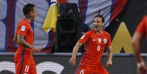 Foto de accion durante el partido Colombia vs Chile correspondiente a la Semifinales de la Copa America Centenario 2016, en el Estadio Soldier Field, en la foto: Jose Pedro Fuenzalida celebra su gol de Chile