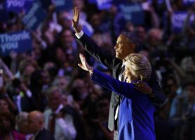 President Obama is joined by Hillary Clinton at the end of his speech. REUTERS/Scott Audette