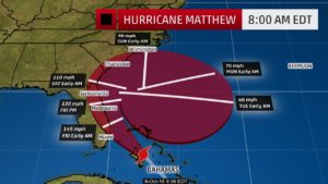 Se pronostica que Matthew se aproximará a la costa de Florida el jueves por la noche, posiblemente como tormenta de Categoría 4 con vientos de casi 210 kph (130 mph). Un desvío mínimo lo haría tocar tierra o alejarse mar adentro. En todo caso, según los meteorólogos, se acercará lo suficiente para causar estragos en la parte austral de la costa atlántica con hasta 380 milímetros (15 pulgadas) de lluvia en algunas partes. Se pronostican marejadas de 1,5 a 2,5 metros (cinco a ocho pies) desde el centro de Florida hasta Georgia.