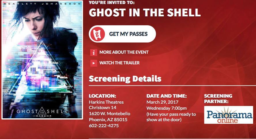 Panorama Online te invita con un acompañante al avance especial de “Ghost In The Shell” en Phoenix Panorama Online te invita con un acompañante al avance especial de “Ghost In The Shell” en Phoenix