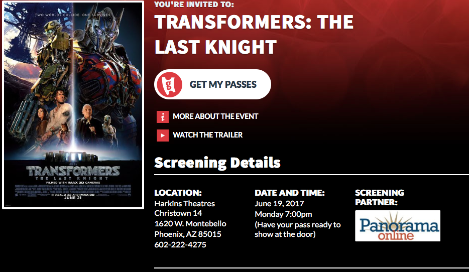Panorama Online te invita con tu familia a la premier en Phoenix de la cinta “Transformers: The Last Knight” Panorama Online te invita con tu familia a la premier en Phoenix de la cinta “Transformers: The Last Knight”