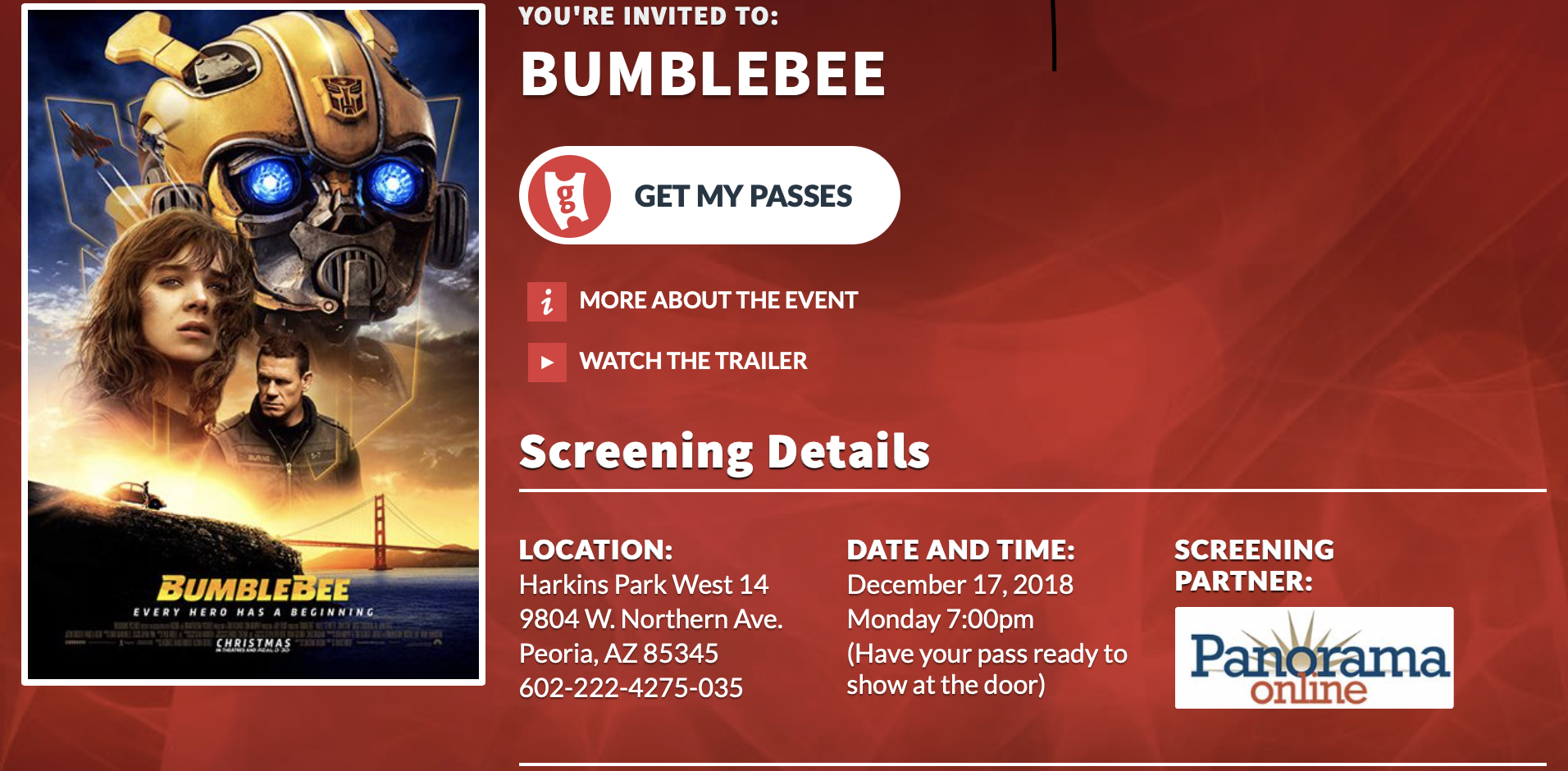 Panorama Online te invita a la premier exclusiva en Phoenix de la cinta Bumblebee Panorama Online te invita a la premier exclusiva en Phoenix de la cinta Bumblebee